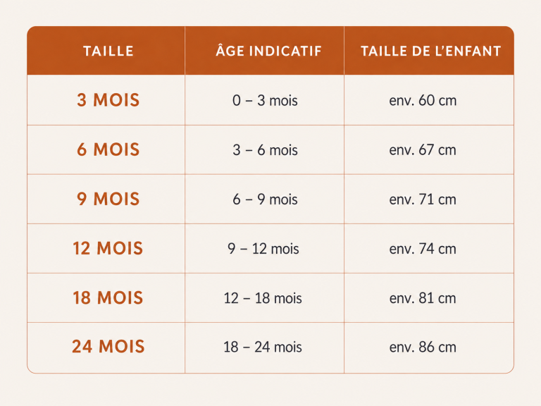 Guide des tailles bébé et enfant The milkyway de 3 à 24 mois avec âge indicatif et taille de l’enfant