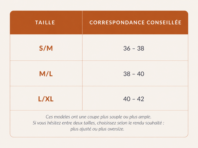 Guide des tailles des pièces évolutives et oversize The milkyway avec correspondances S/M, M/L et L/XL