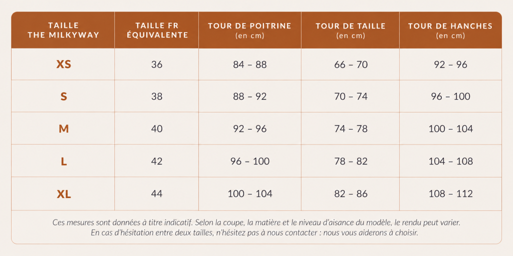 Guide des tailles femme The milkyway avec correspondances FR et mesures poitrine, taille et hanches